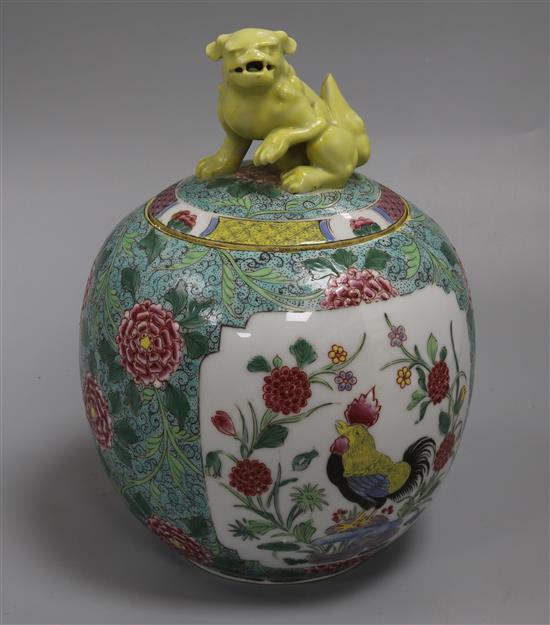 A late 19th century Samson famille rose rooster jar with kylin finial height 25cm